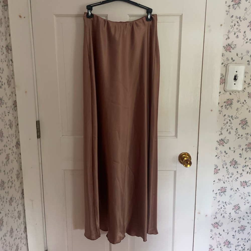 Satin Maxi Slip Skirt in Mauve Brown